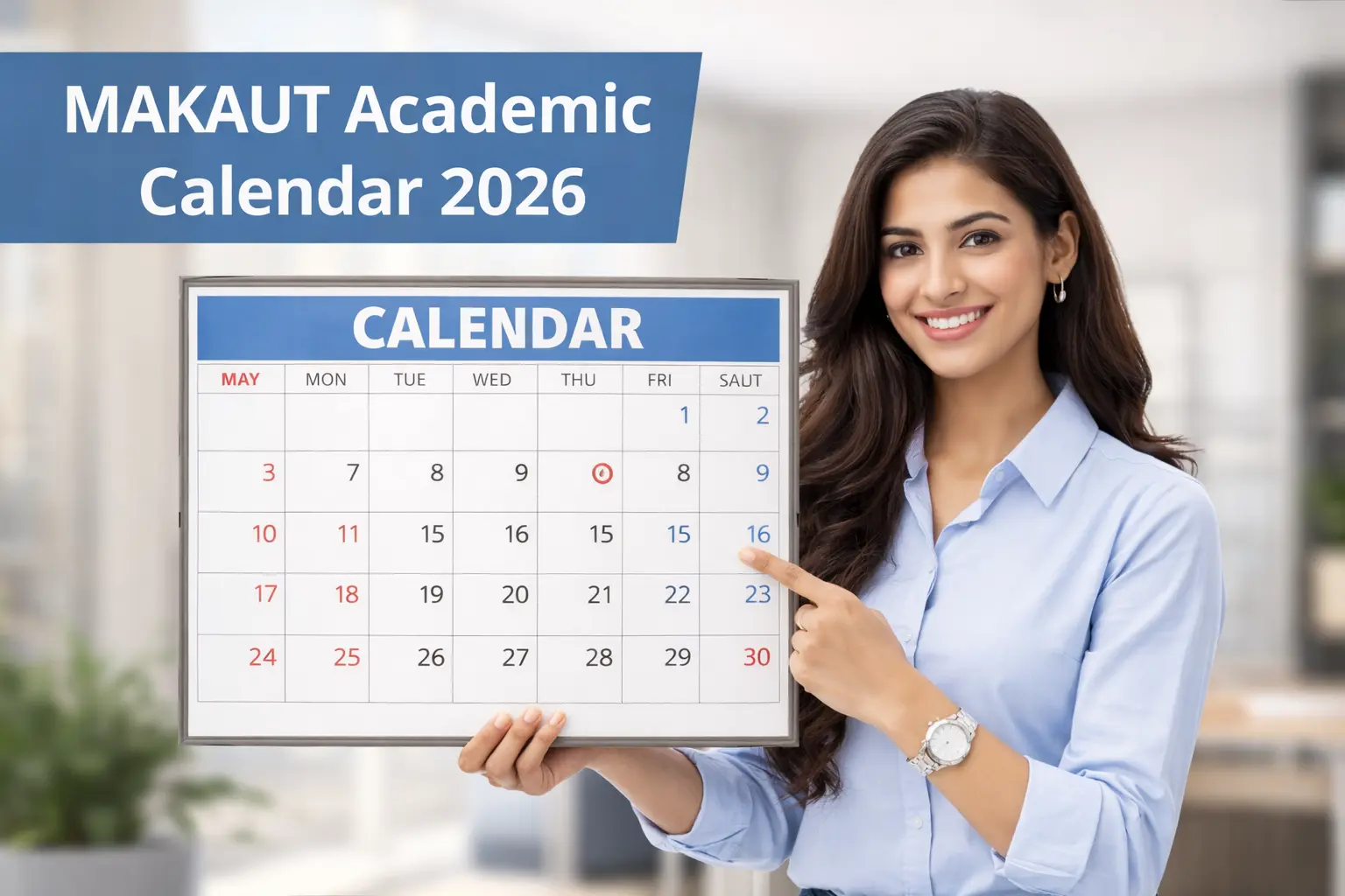 Makaut_Academic_Calander_2026_Text_Left_and_a_Women_showing_A_Calander